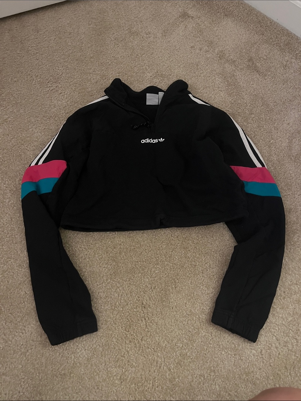 adidas Black Cropped Bomber Jacket with Pink & Teal Sleeve Panels